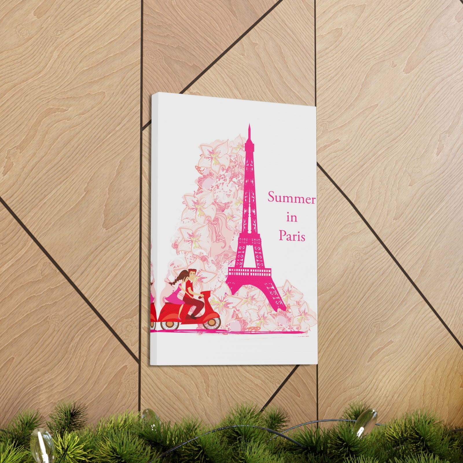 Pink Eiffel Tower Couple On Scooter Paris France Canvas Artwork High-Quality Breathtaking French City for Home Decor Ready to Hang-Express Your Love Gifts
