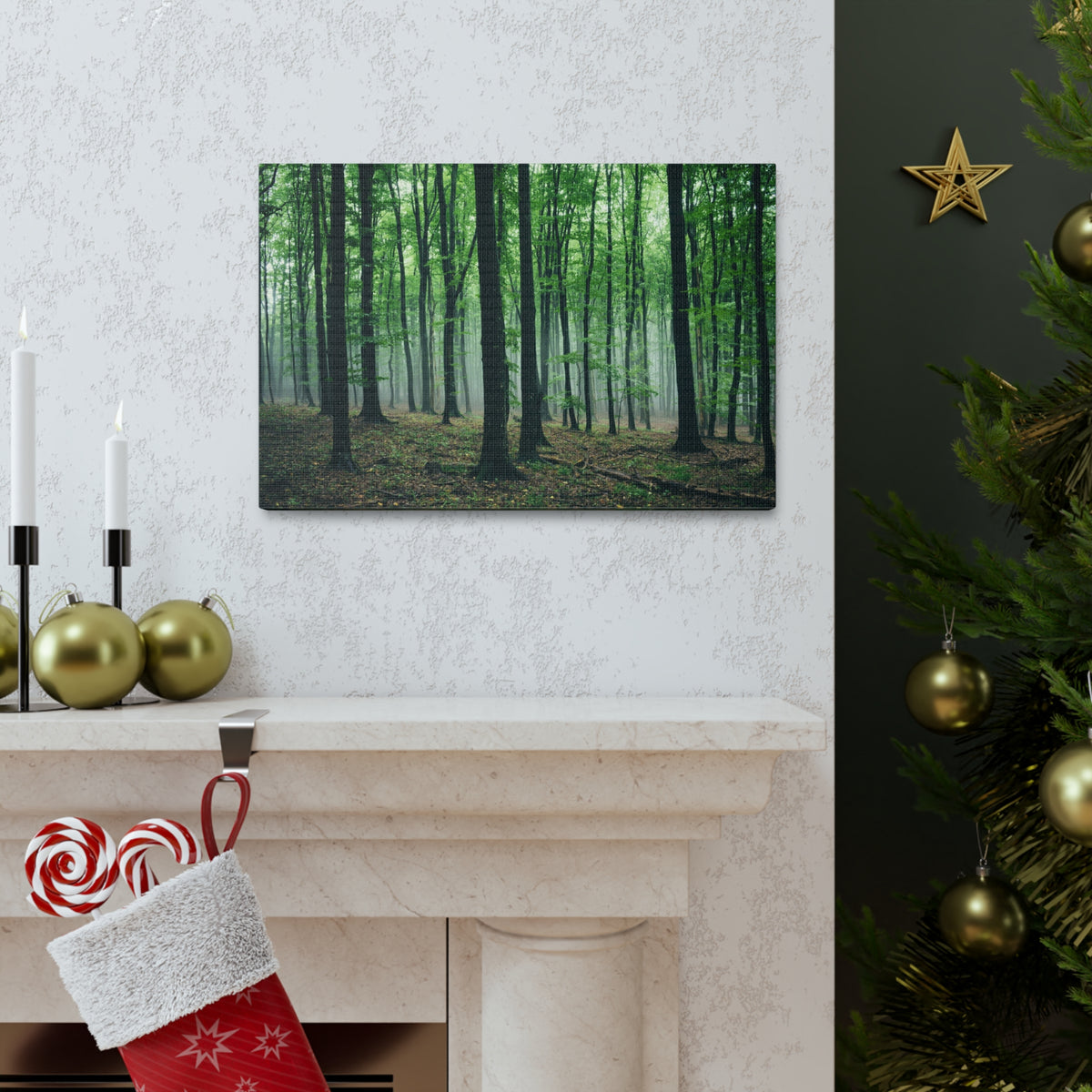 Misty Green Pine Tree Forest Nature Wilderness Photography Canvas Wall Art for Home Decor Ready-to-Hang-Express Your Love Gifts