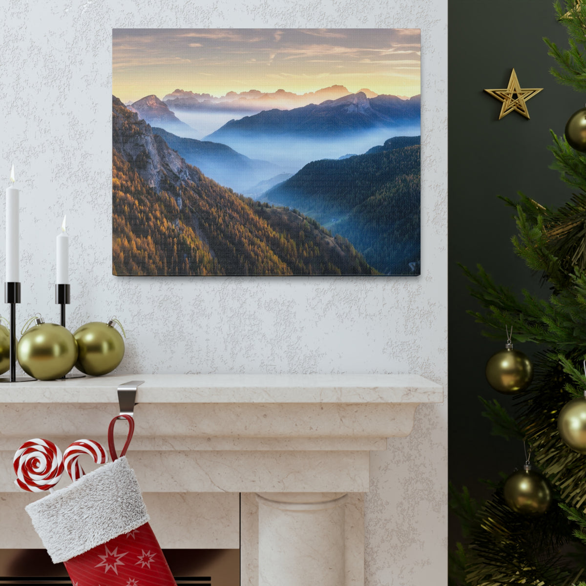 Golden Mountains Misty Nature Wilderness Photography Canvas Wall Art for Home Decor Ready-to-Hang-Express Your Love Gifts