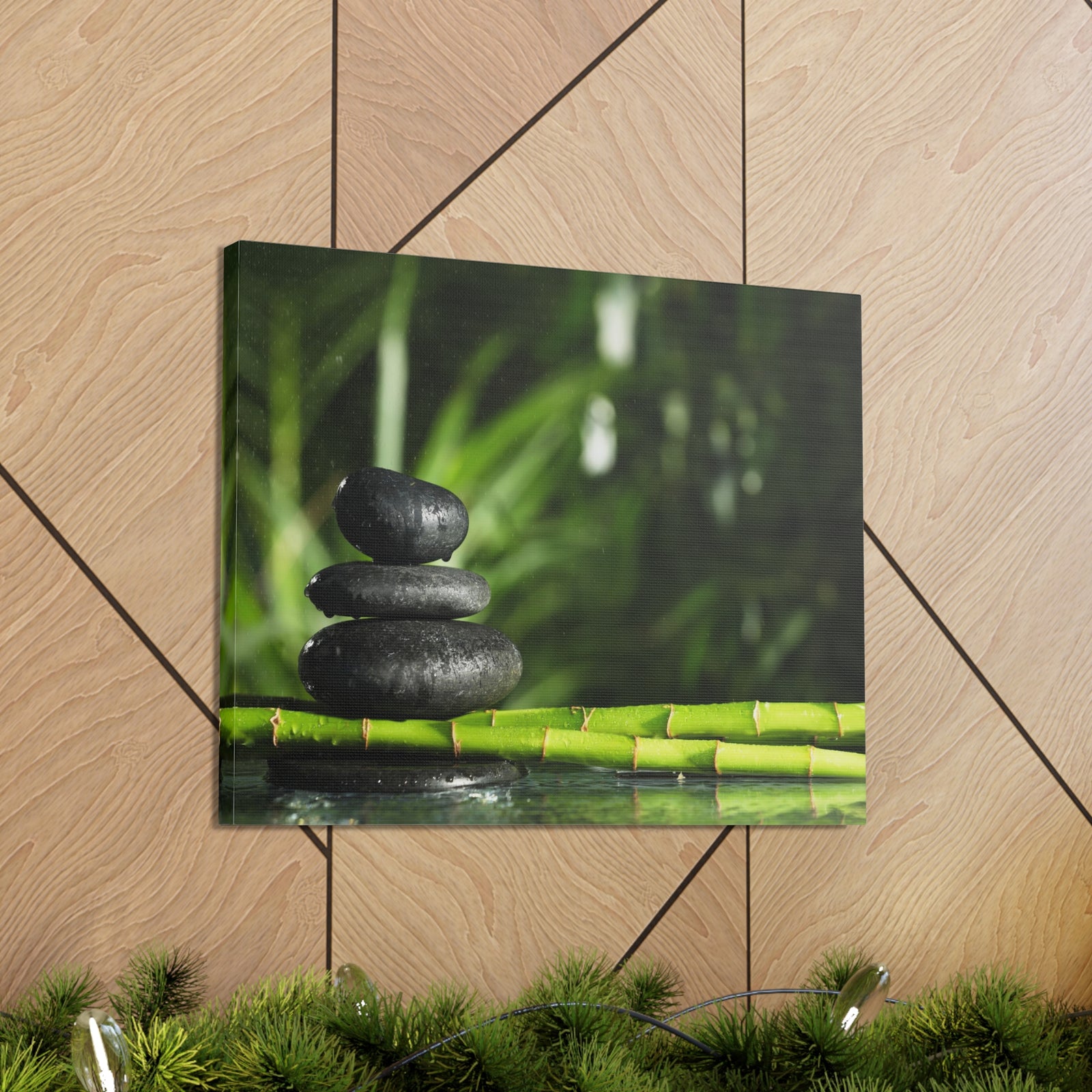 Stacked Stones on Bamboo Forest Floral Nature Photography Canvas Wall Art for Home Decor Ready-to-Hang-Express Your Love Gifts