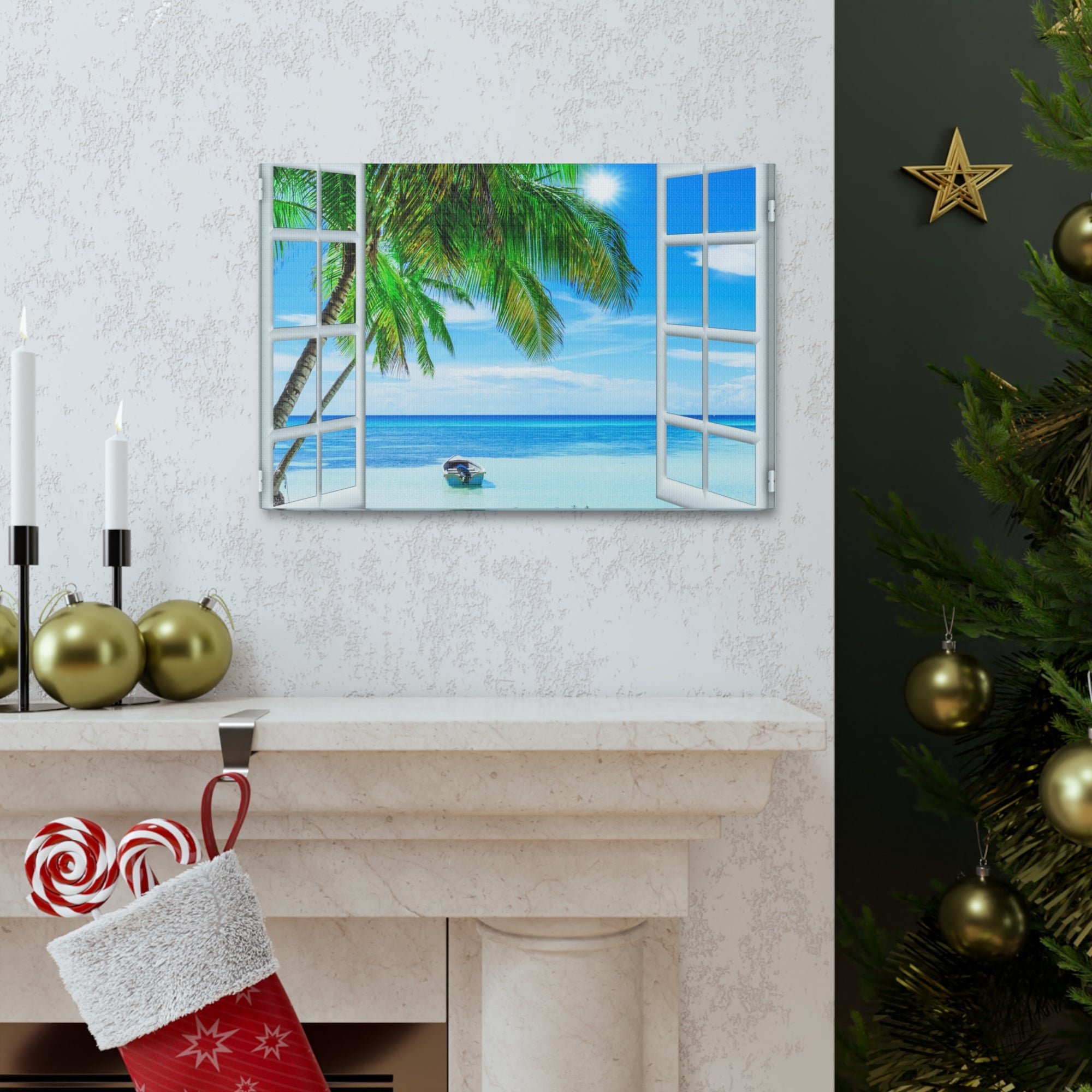 Canvas Print Wall Art Window Beach Coconut View Nature Photography Realism Scenic Landscape Colorful Multicolor for Home Decor Ready to Hang-Express Your Love Gifts