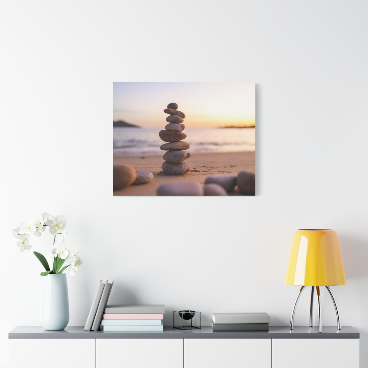 Pebbles Stack Over Blue Sea Nature Wilderness Photography Canvas Wall Art for Home Decor Ready-to-Hang-Express Your Love Gifts