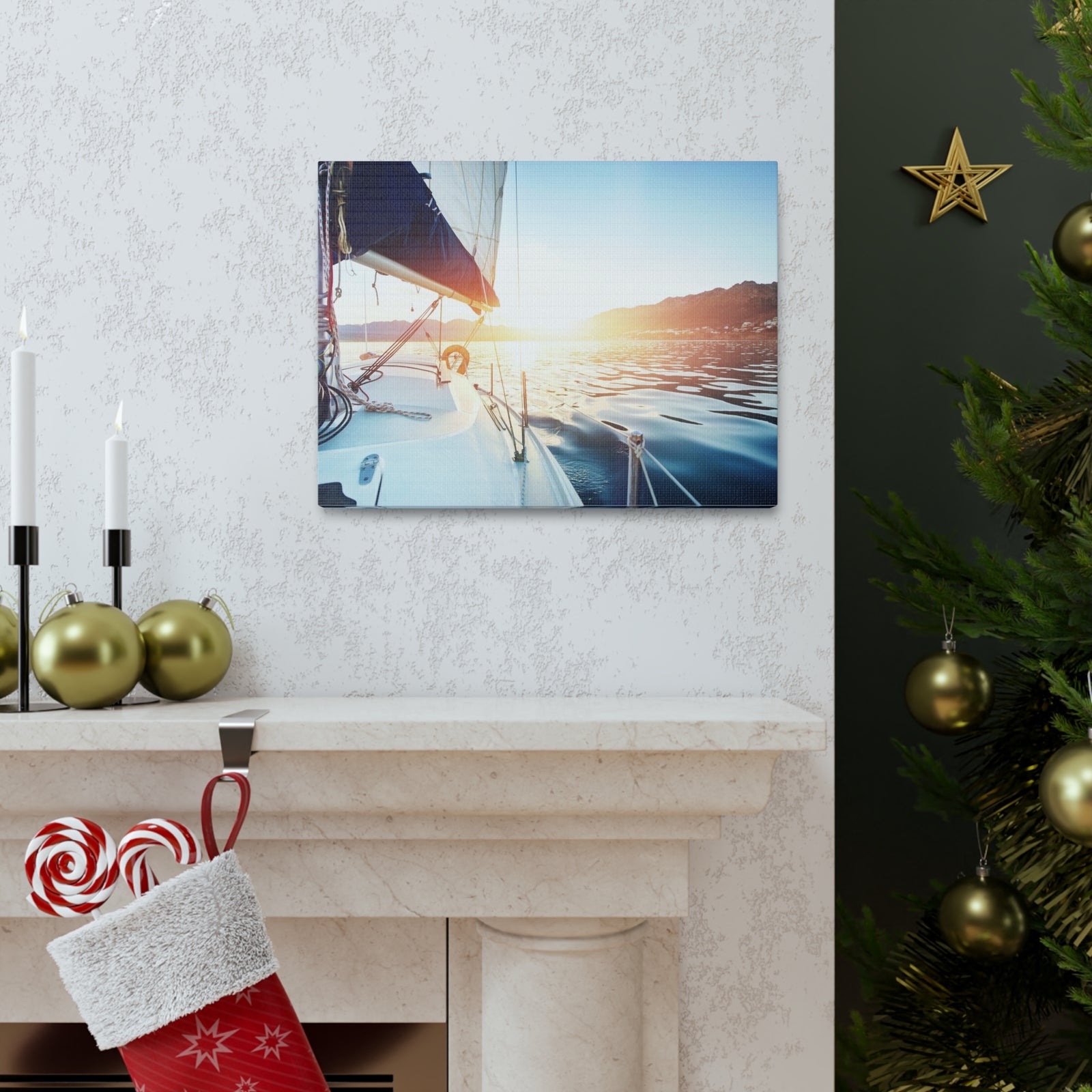 Sailing Yacht Boat On ocean At Sunset Ocean Canvas Wall Art for Home Decor Ready-to-Hang-Express Your Love Gifts