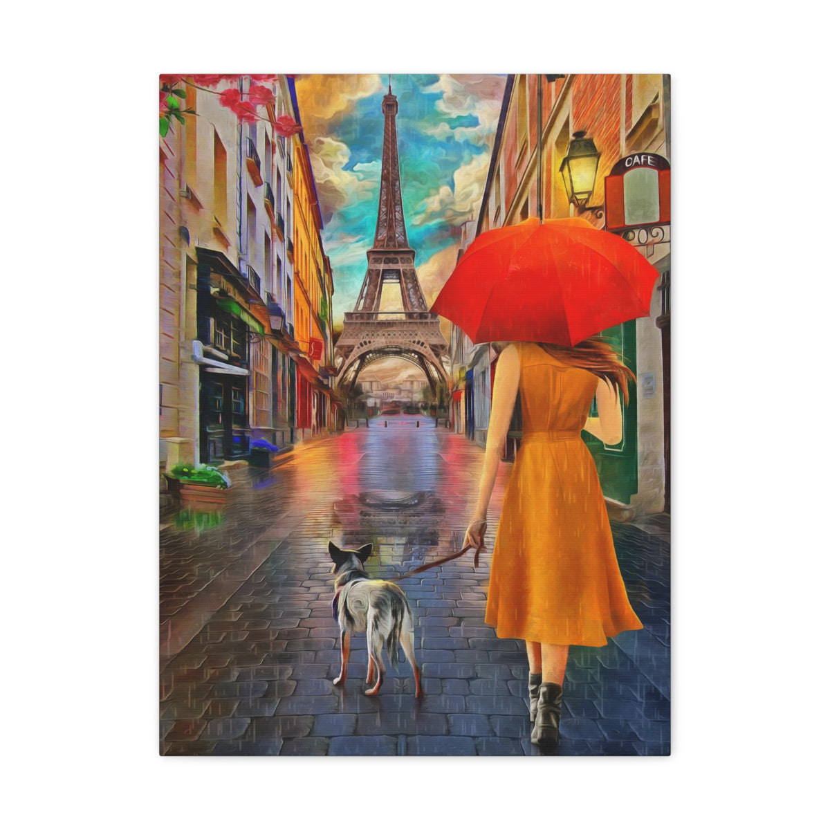 Paris Yellow Dress Red Umbrella Paris Eiffel Tower Couple France Canvas Artwork High-Quality Breathtaking French City for Home Decor Ready to Hang-Express Your Love Gifts