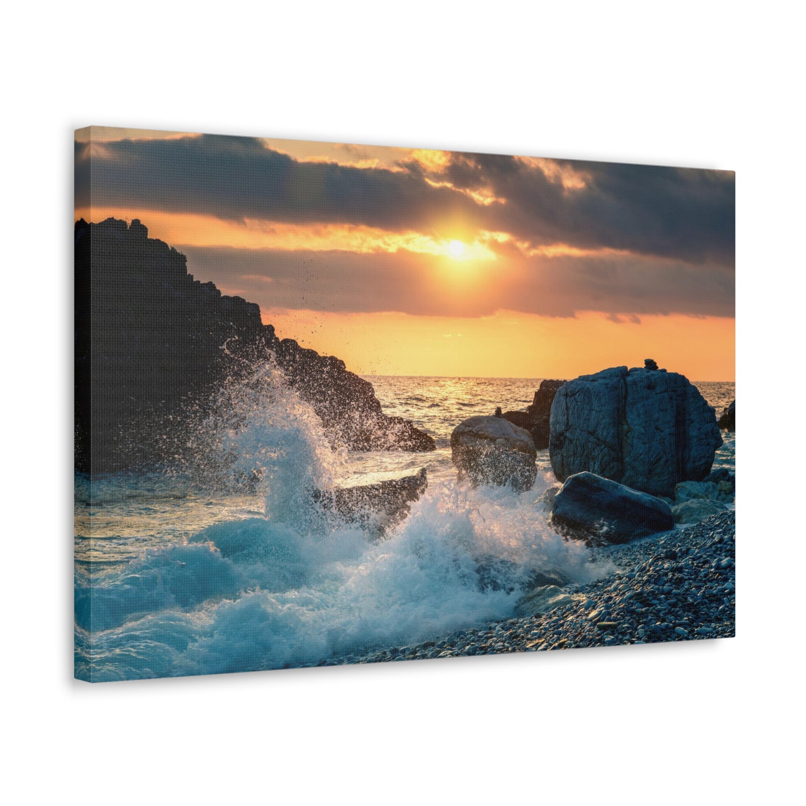 Sea Ocean Wave Hit Rock Beach Sunset Seascape Ocean Canvas Wall Art for Home Decor Ready-to-Hang-Express Your Love Gifts