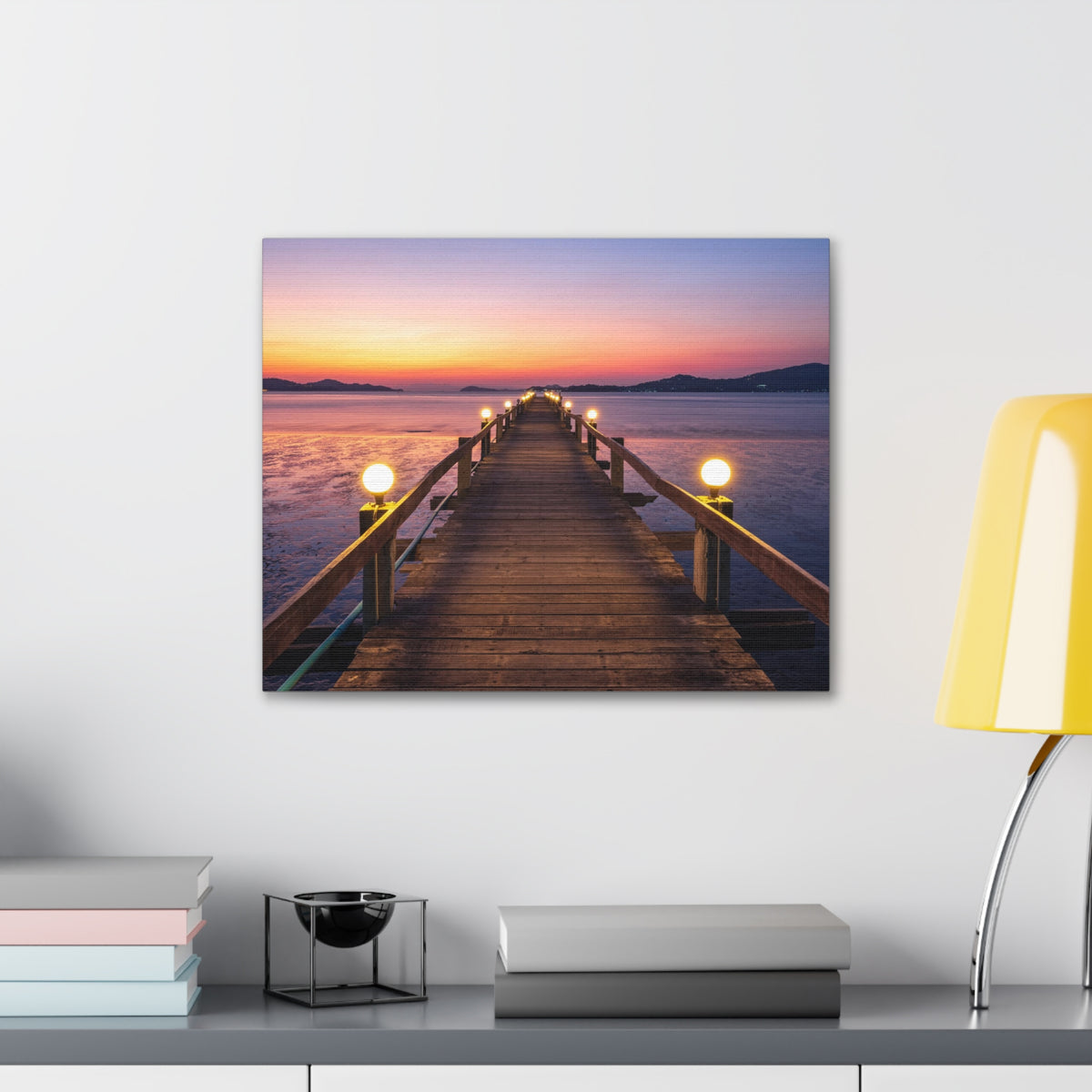 Sunset Wooden Bridge Lake View Nature Wilderness Photography Canvas Wall Art for Home Decor Ready-to-Hang-Express Your Love Gifts