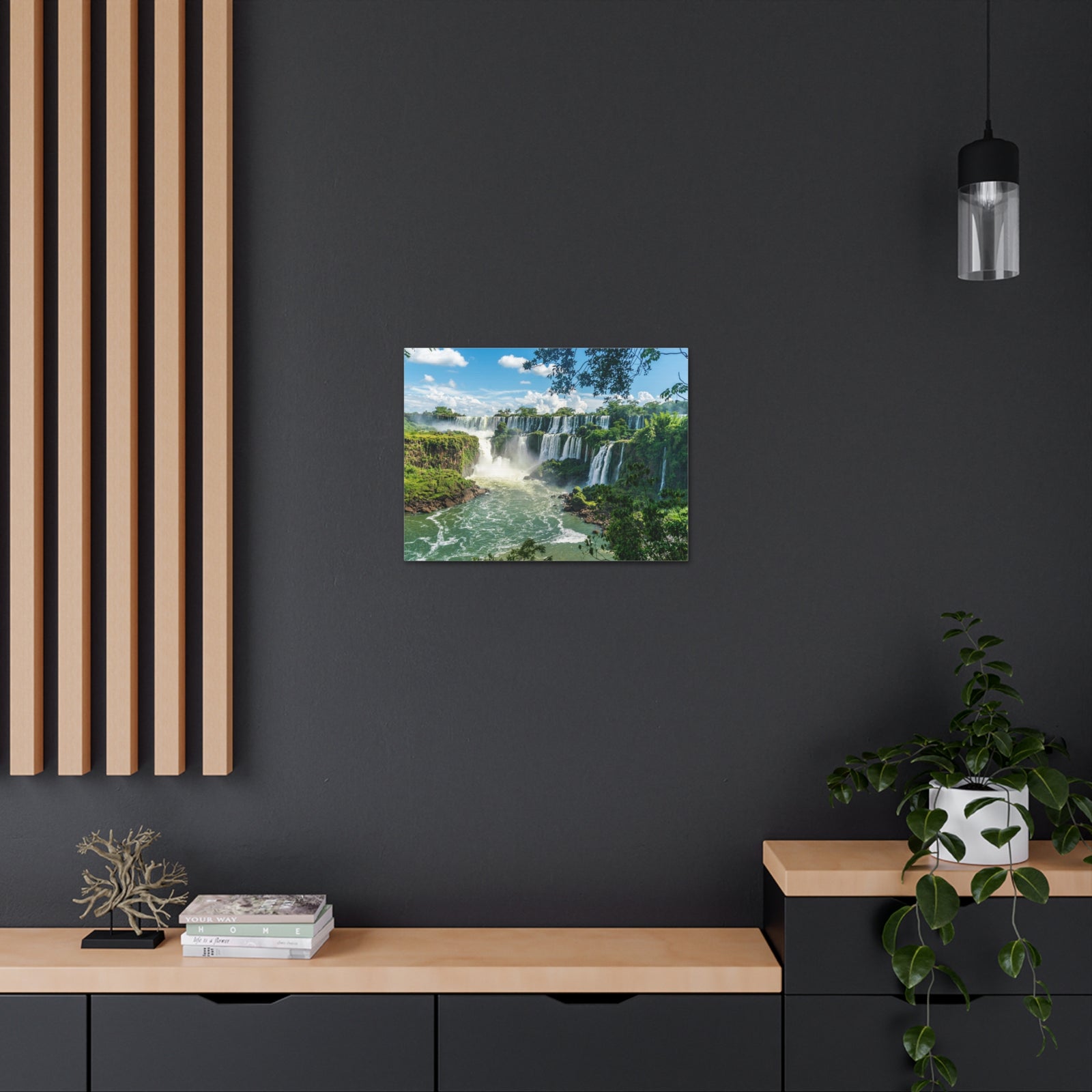 Green Jungle Cascading Waterfall Nature Wilderness Photography Canvas Wall Art for Home Decor Ready-to-Hang-Express Your Love Gifts