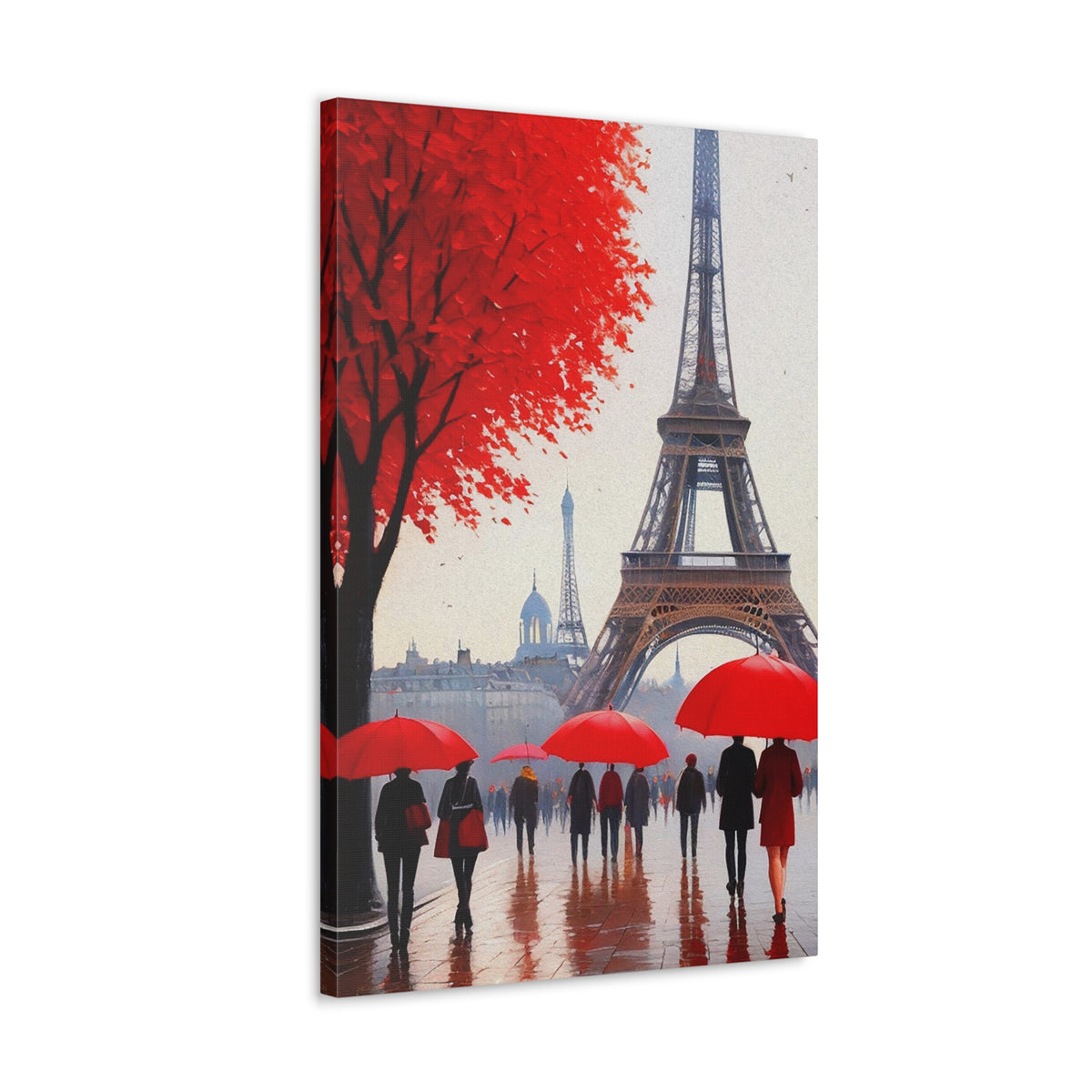 Paris Eiffel Tower Crowd With Red Umbrella France Canvas Artwork High-Quality Breathtaking French City for Home Decor Ready to Hang-Express Your Love Gifts