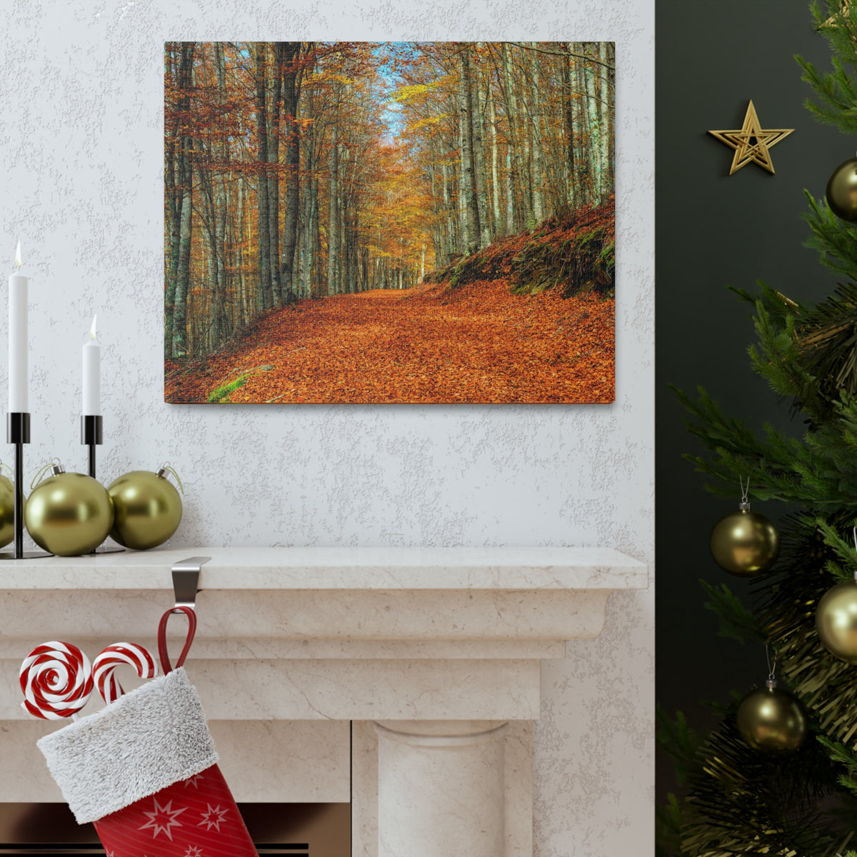 Path Through Red & Orange Autumn Park Nature Wilderness Photography Canvas Wall Art for Home Decor Ready-to-Hang-Express Your Love Gifts