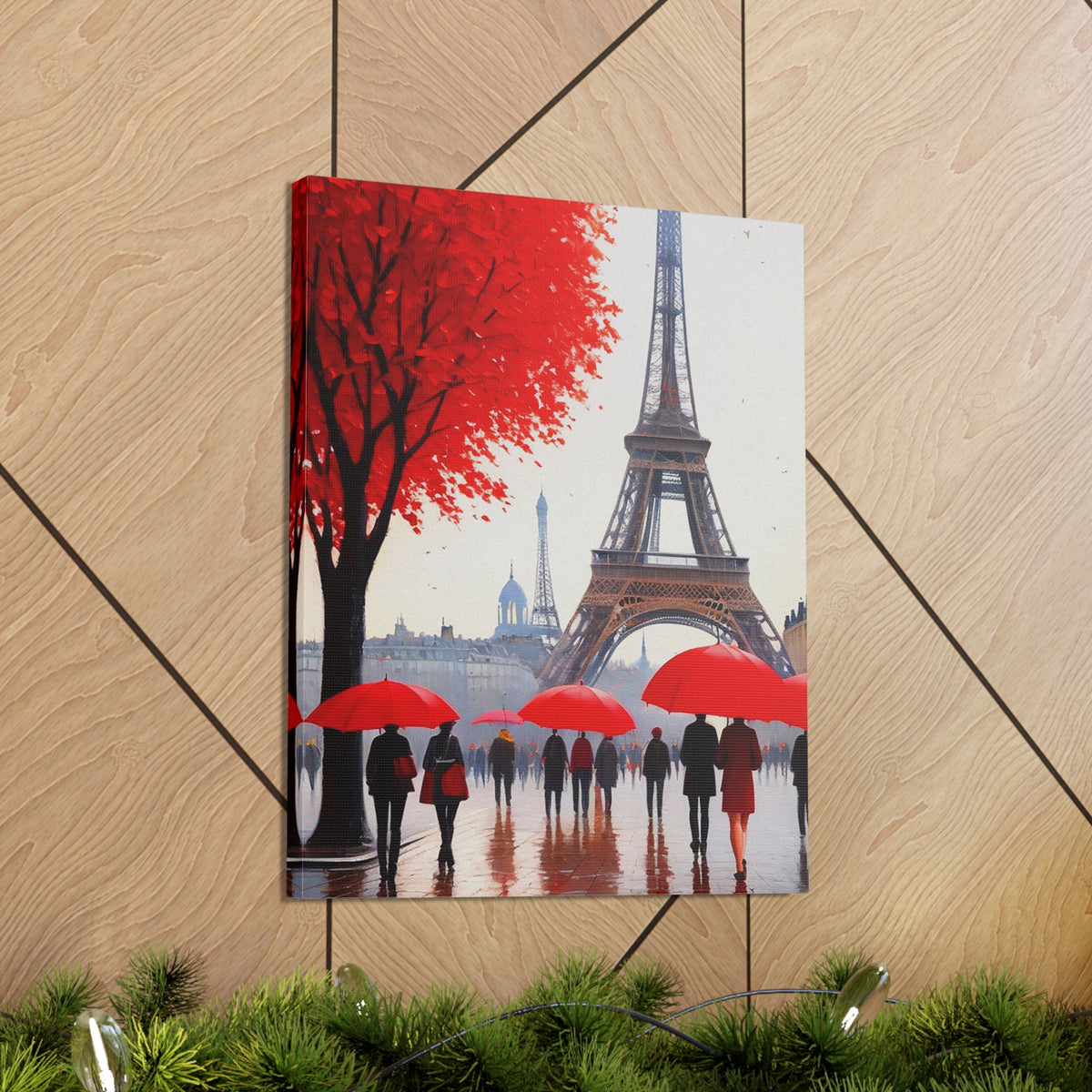 Paris Eiffel Tower Crowd With Red Umbrella France Canvas Artwork High-Quality Breathtaking French City for Home Decor Ready to Hang-Express Your Love Gifts