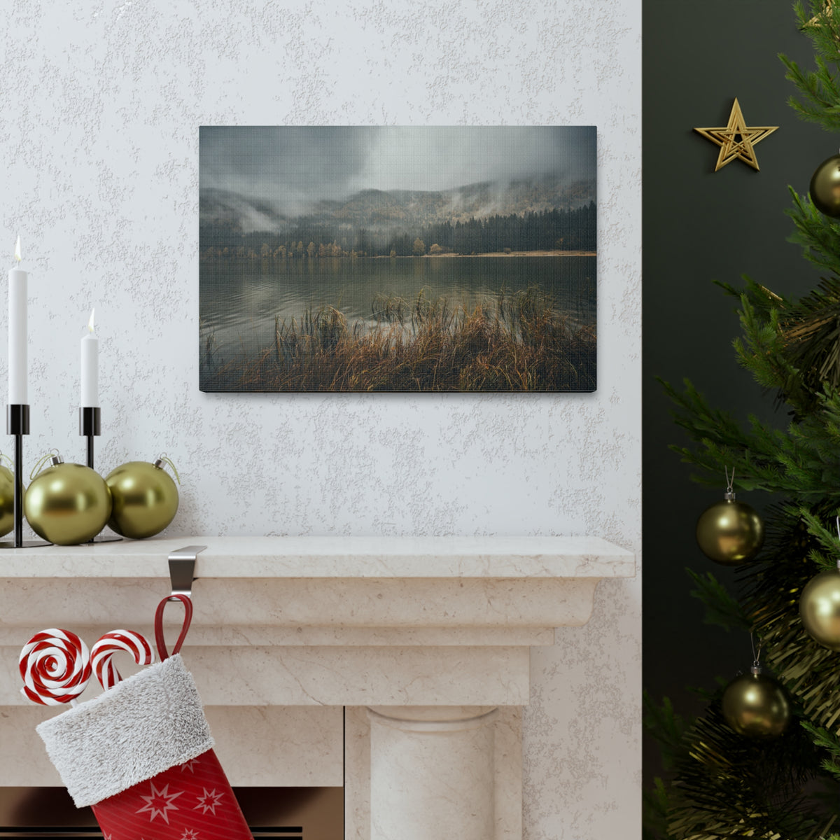 Misty Mountain Lake Reflection Nature Wilderness Photography Canvas Wall Art for Home Decor Ready-to-Hang-Express Your Love Gifts