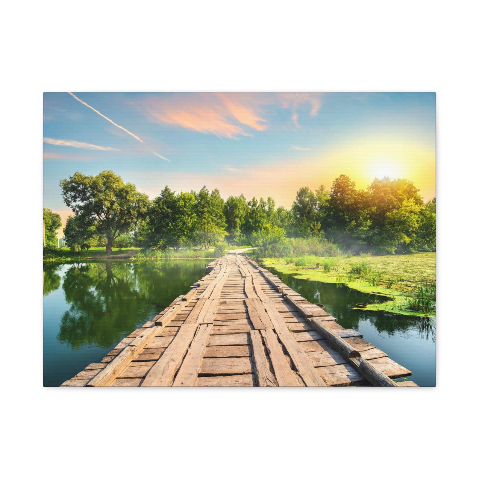 Lake at Dawn Wooden Bridge Nature Wilderness Photography Canvas Wall Art for Home Decor Ready-to-Hang-Express Your Love Gifts