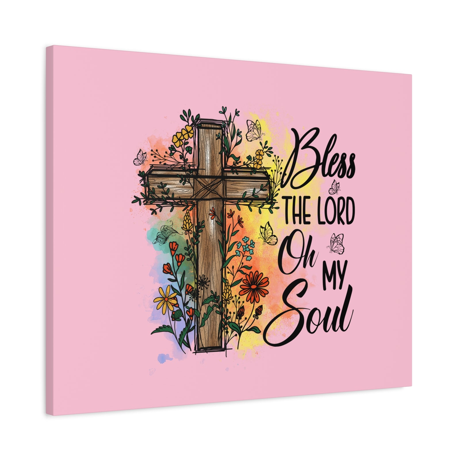 Scripture Canvas Bless The Lord Psalm 103:1 Flower Cross Christian Wall Art Bible Verse Print Ready to Hang-Express Your Love Gifts