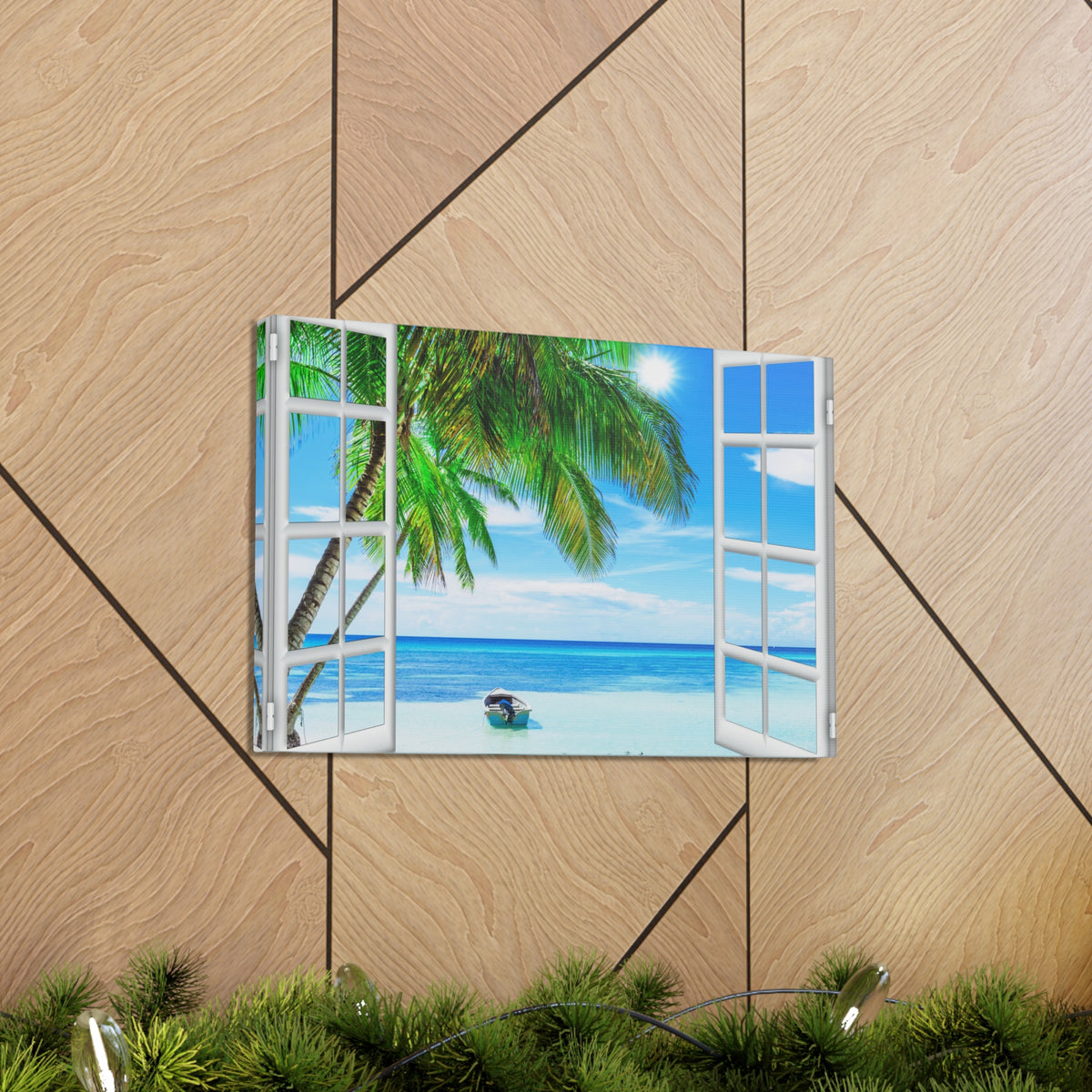 Canvas Print Wall Art Window Beach Coconut View Nature Photography Realism Scenic Landscape Colorful Multicolor for Home Decor Ready to Hang-Express Your Love Gifts