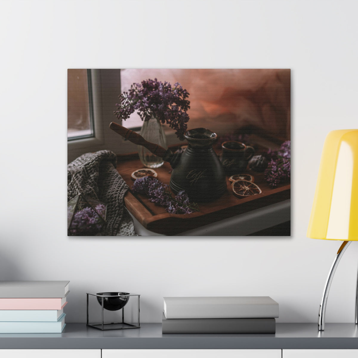 Coffee Chocolate Lilac Flowers On Wooden Tray Rustic Design Canvas Wall Art for Home Decor Ready-to-Hang-Express Your Love Gifts