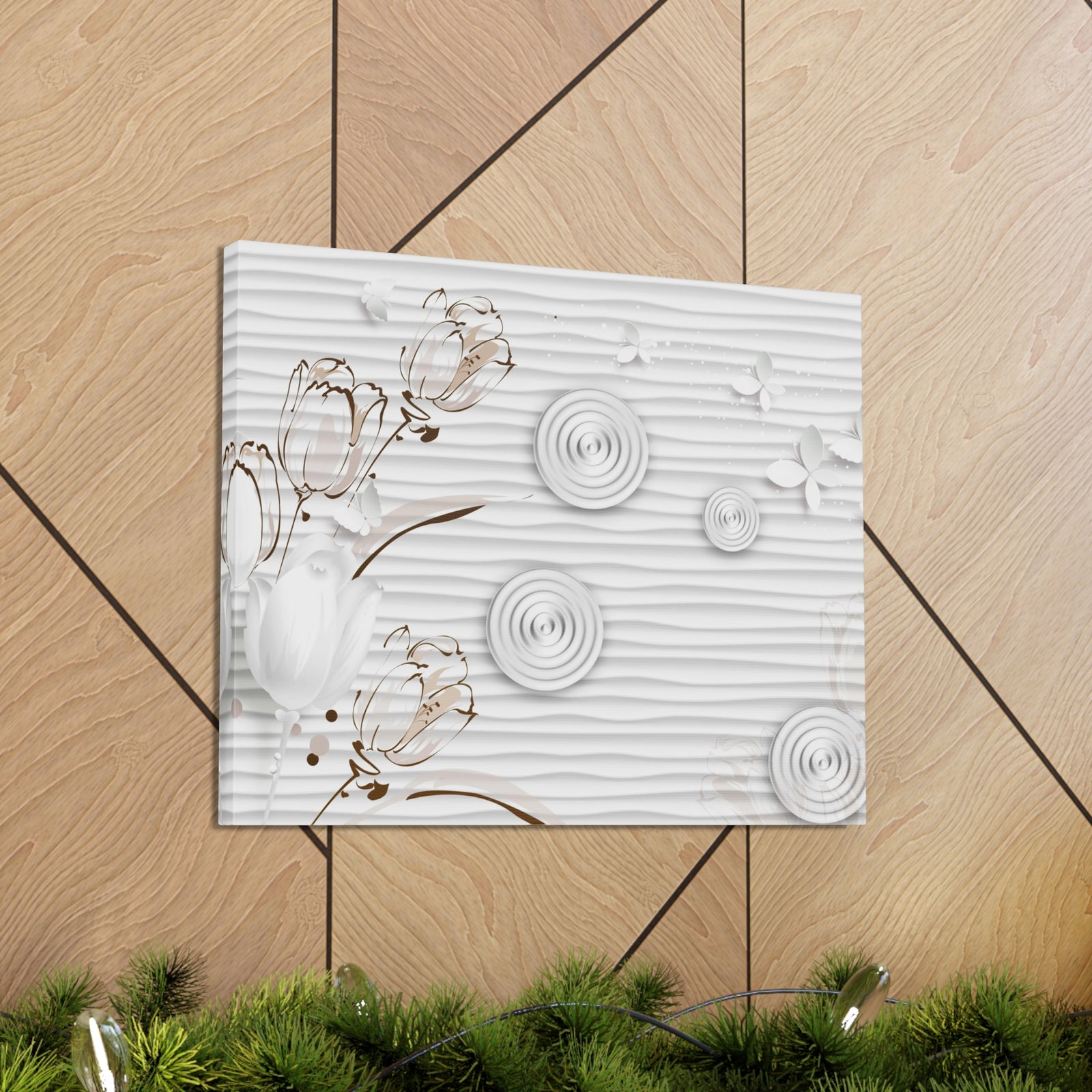 3D White And Beige Tulips White Paper Butterflies Flower Canvas Wall Art for Home Decor Ready-to-Hang-Express Your Love Gifts