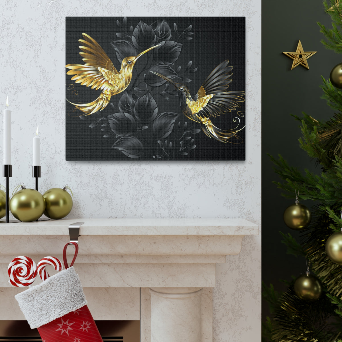 Black Gold Jewelry Hummingbirds With Flowers Canvas Wall Art for Home Decor Ready-to-Hang-Express Your Love Gifts