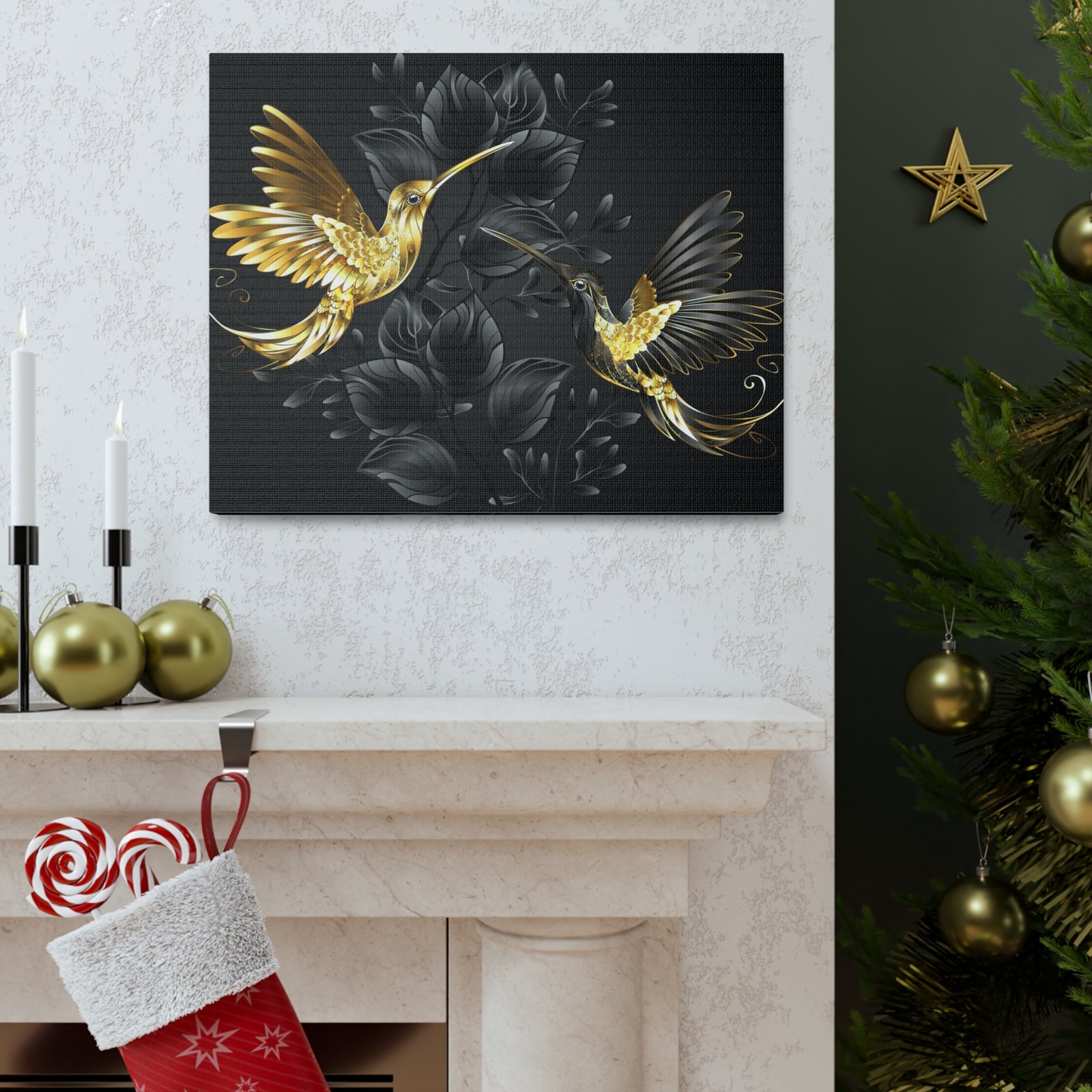 Black Gold Jewelry Hummingbirds With Flowers Canvas Wall Art for Home Decor Ready-to-Hang-Express Your Love Gifts
