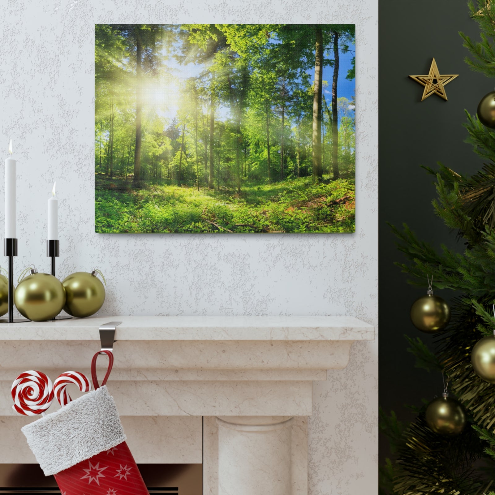 Sunrise Through Green Forest Nature Wilderness Photography Canvas Wall Art for Home Decor Ready-to-Hang-Express Your Love Gifts