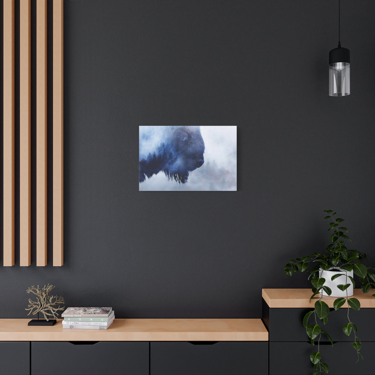 Wild Bison And A Pine Forest Buffalo Art Canvas Wall Art for Home Decor Ready-to-Hang-Express Your Love Gifts