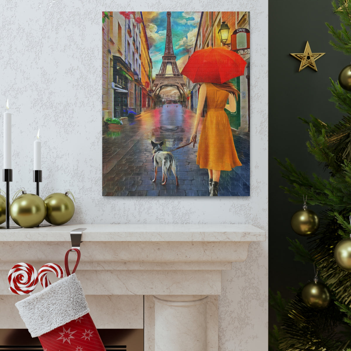 Paris Yellow Dress Red Umbrella Paris Eiffel Tower Couple France Canvas Artwork High-Quality Breathtaking French City for Home Decor Ready to Hang-Express Your Love Gifts