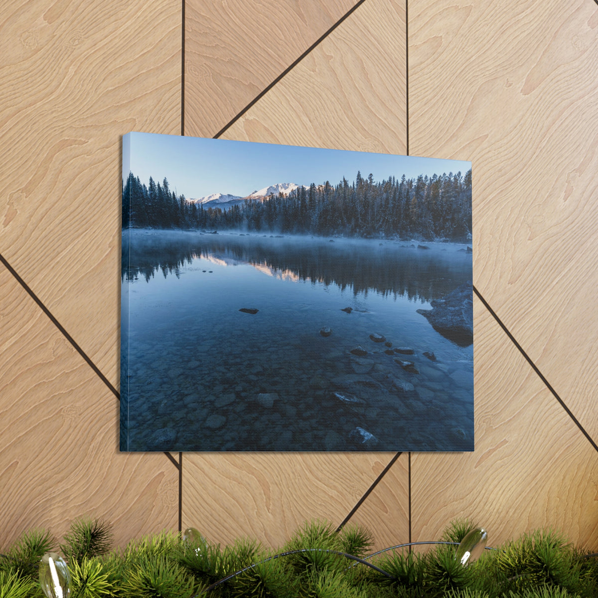 Clear Winter Lake Pine Tree Mountain Nature Wilderness Photography Canvas Wall Art for Home Decor Ready-to-Hang-Express Your Love Gifts