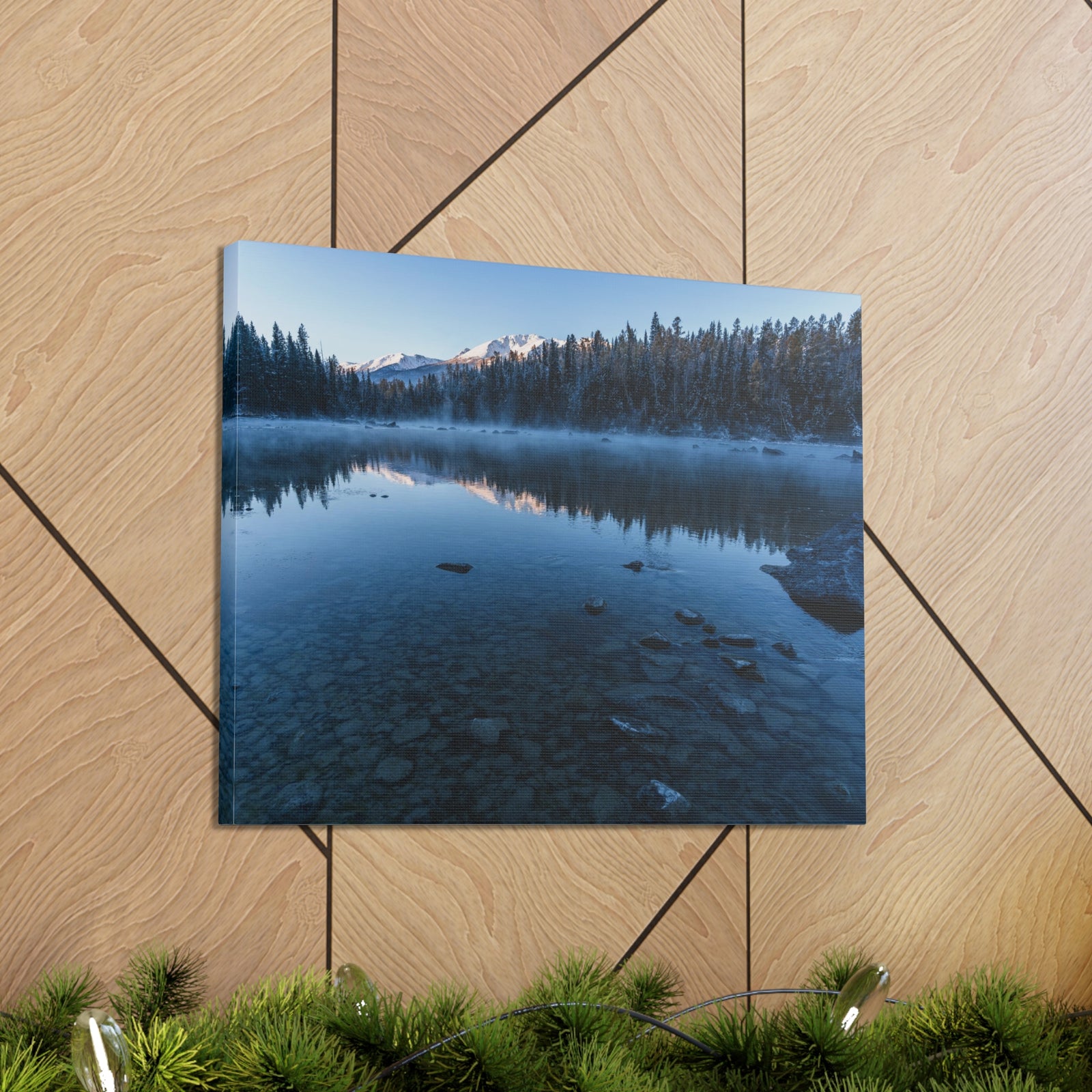 Clear Winter Lake Pine Tree Mountain Nature Wilderness Photography Canvas Wall Art for Home Decor Ready-to-Hang-Express Your Love Gifts