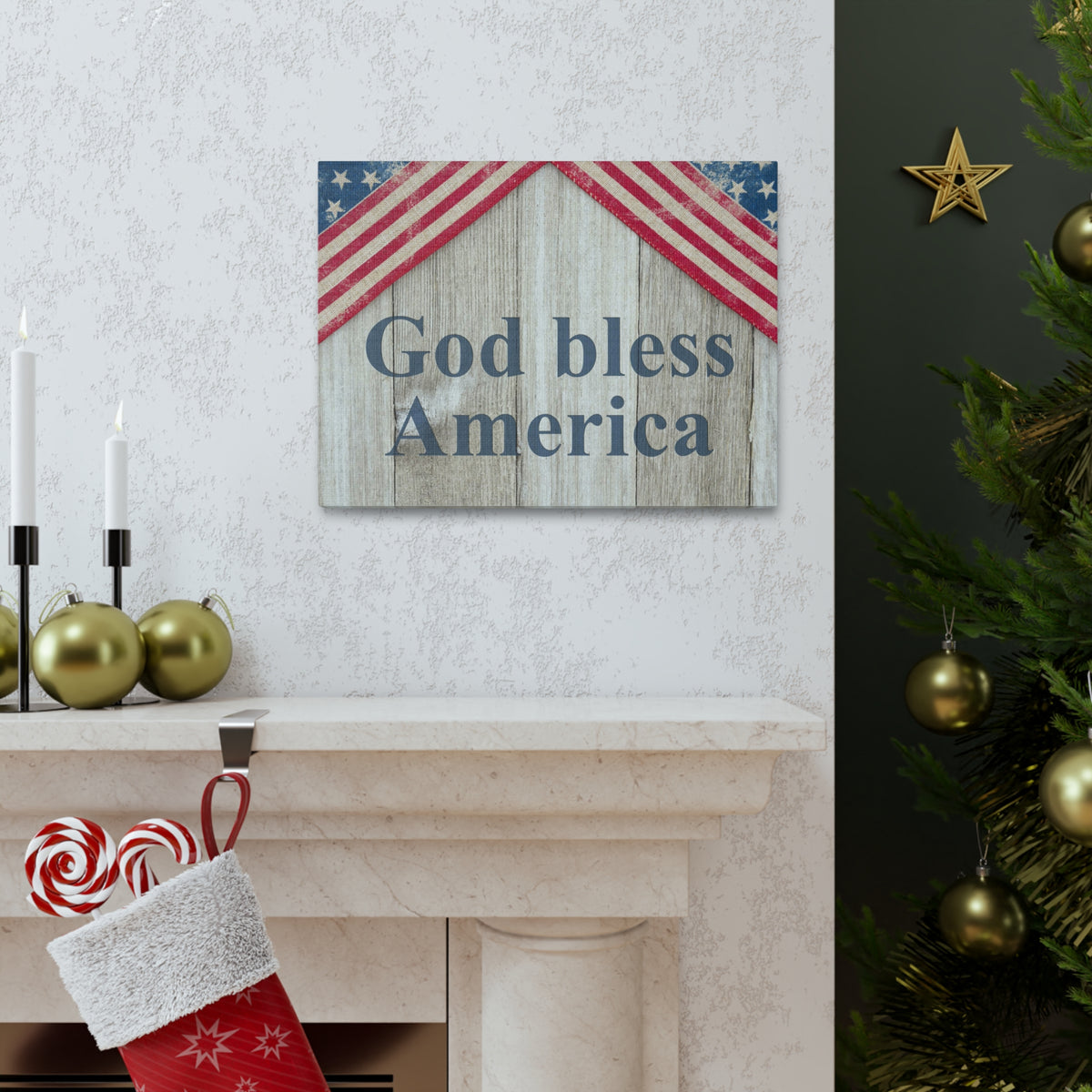God Bless America Patriotic Message Canvas Wall Art for Home Decor Ready-to-Hang-Express Your Love Gifts