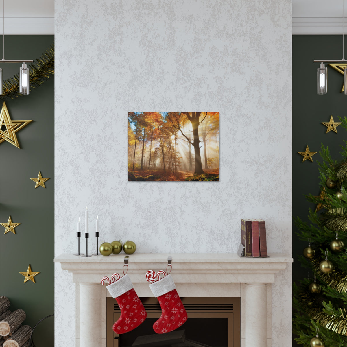 Sunlight Shine Autumn Forest Nature Wilderness Photography Canvas Wall Art for Home Decor Ready-to-Hang-Express Your Love Gifts