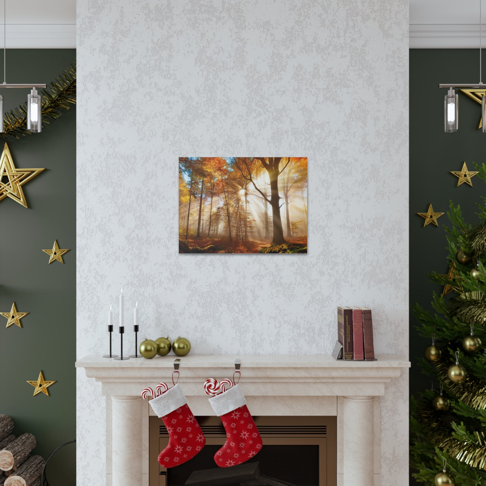 Sunlight Shine Autumn Forest Nature Wilderness Photography Canvas Wall Art for Home Decor Ready-to-Hang-Express Your Love Gifts