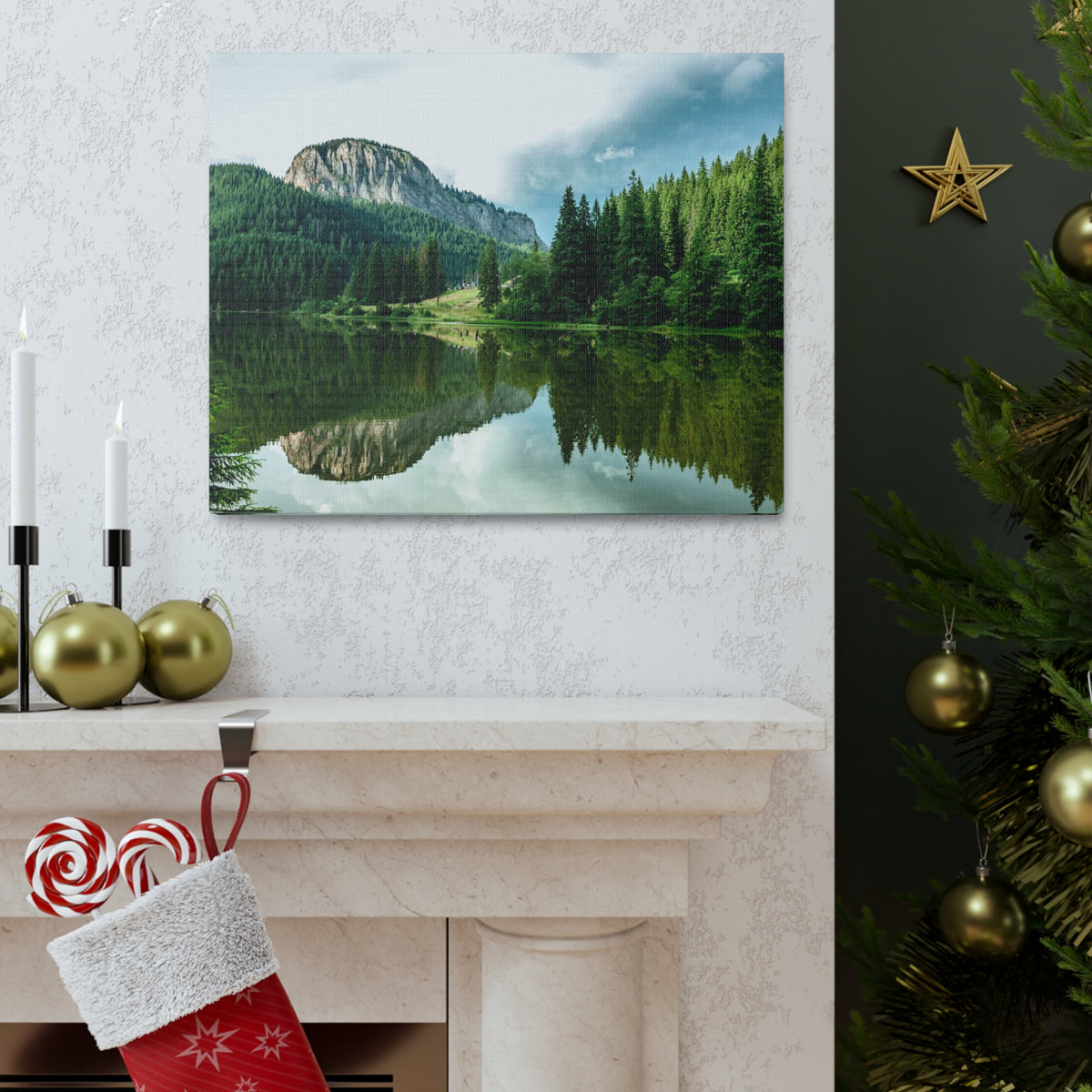 Green Forest With Lake Reflection Nature Wilderness Photography Canvas Wall Art for Home Decor Ready-to-Hang-Express Your Love Gifts