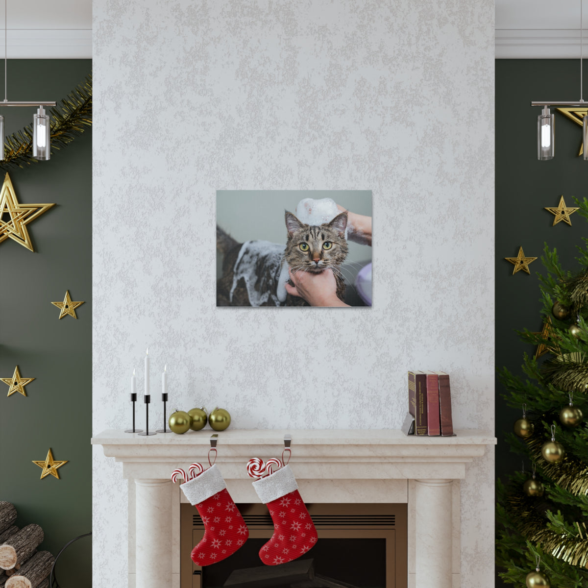 Cute Gray Cat Bath Canvas Wall Art for Home Decor Ready-to-Hang-Express Your Love Gifts