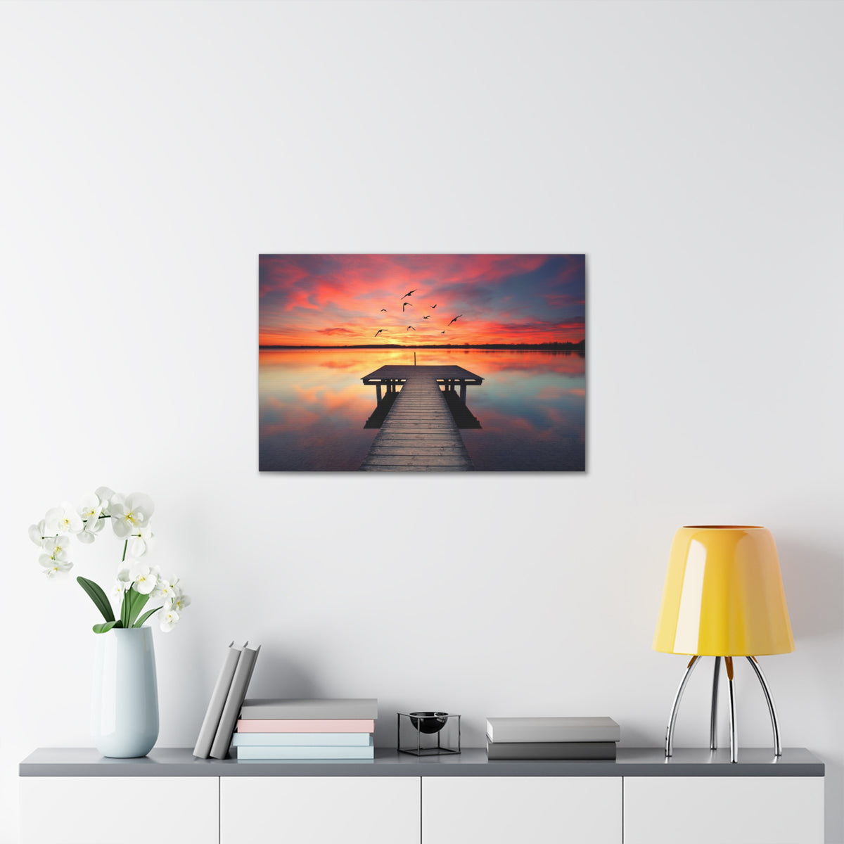 Wooden Bridge Lake View Dawn Nature Wilderness Photography Canvas Wall Art for Home Decor Ready-to-Hang-Express Your Love Gifts