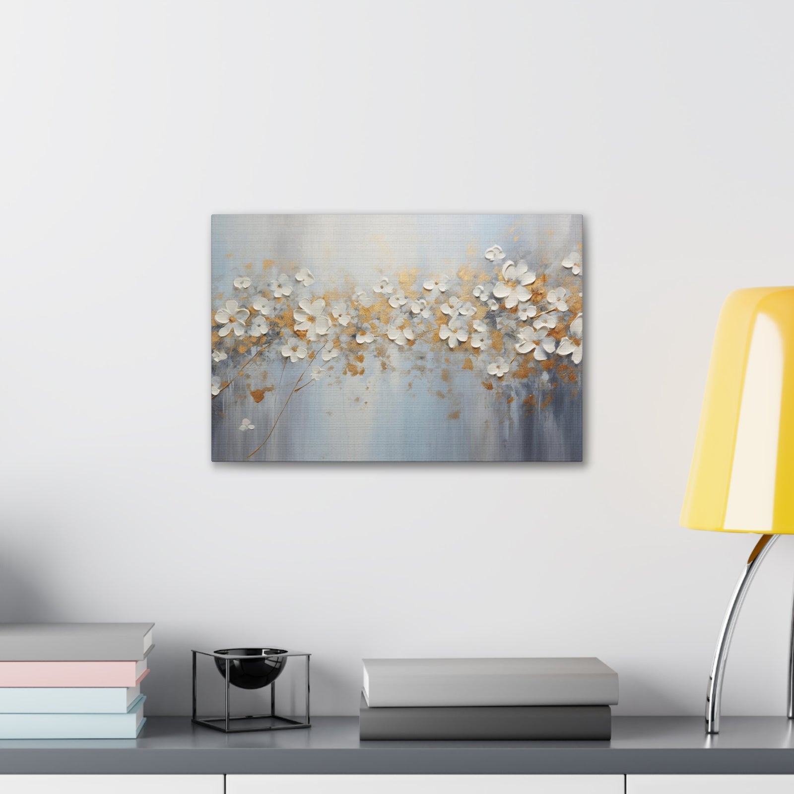 Abstract Gold Element White Flowers Texture Background Canvas Wall Art for Home Decor Ready-to-Hang-Express Your Love Gifts