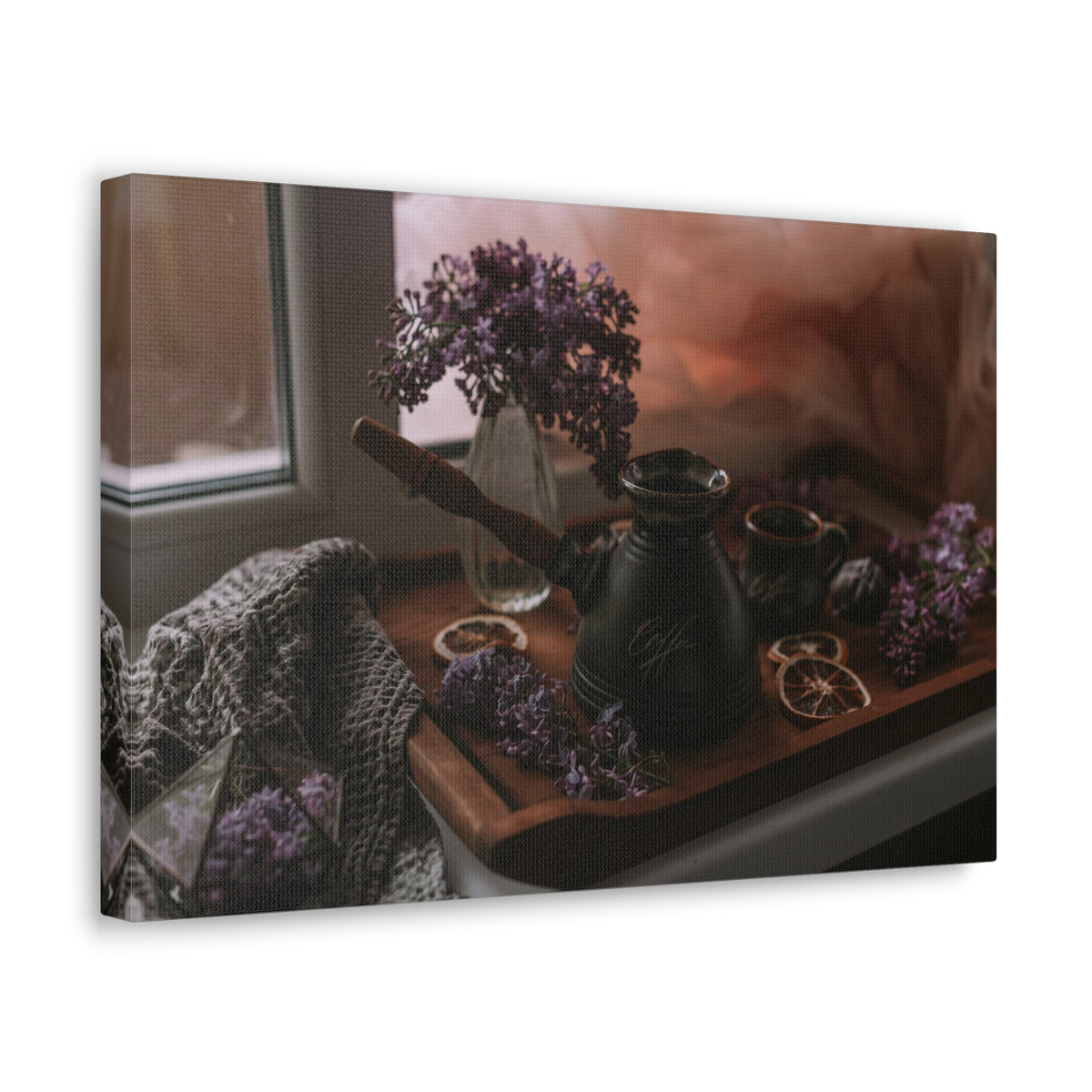 Coffee Chocolate Lilac Flowers On Wooden Tray Rustic Design Canvas Wall Art for Home Decor Ready-to-Hang-Express Your Love Gifts