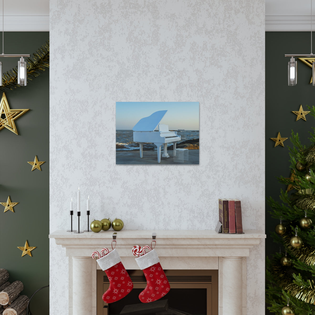 Piano White On Beach Music Lover's Delight Piano Keyboard Canvas Wall Art for Home Decor Ready-to-Hang-Express Your Love Gifts