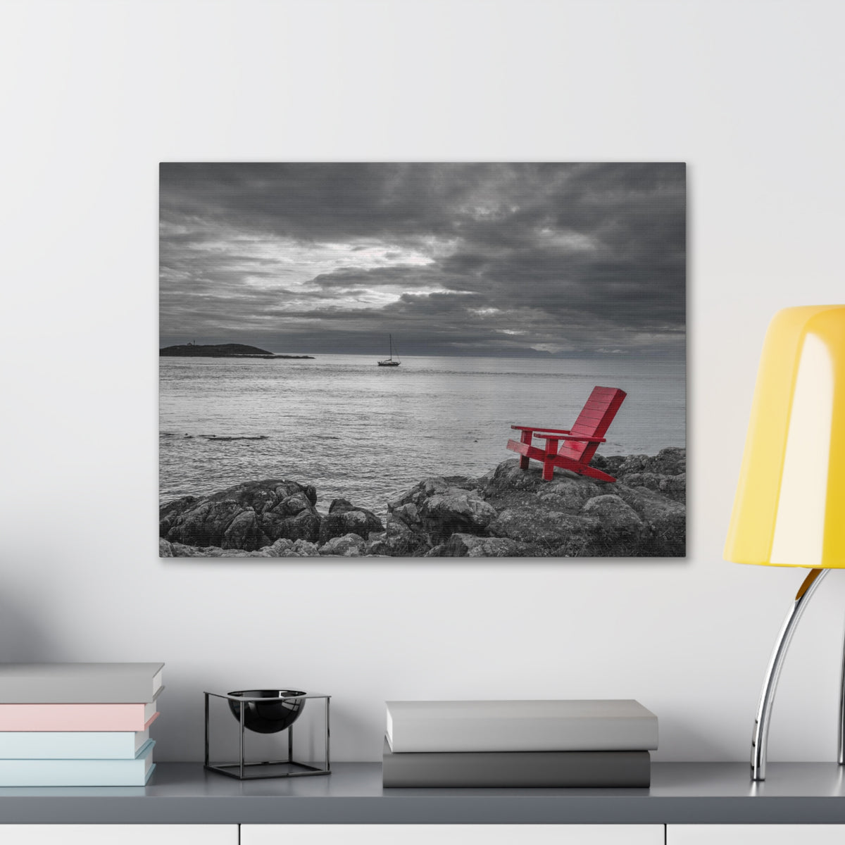 Red Chair On Ocean Side Rocks Ocean Canvas Wall Art for Home Decor Ready-to-Hang-Express Your Love Gifts