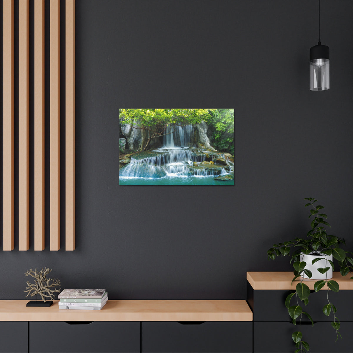 Forest Jungle Cascading Waterfall Nature Wilderness Photography Canvas Wall Art for Home Decor Ready-to-Hang-Express Your Love Gifts