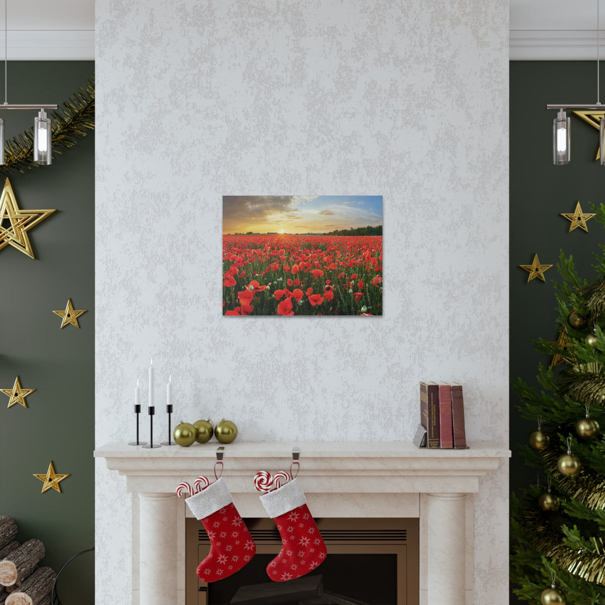 Sunset Over Poppy Field Flower Canvas Wall Art for Home Decor Ready-to-Hang-Express Your Love Gifts