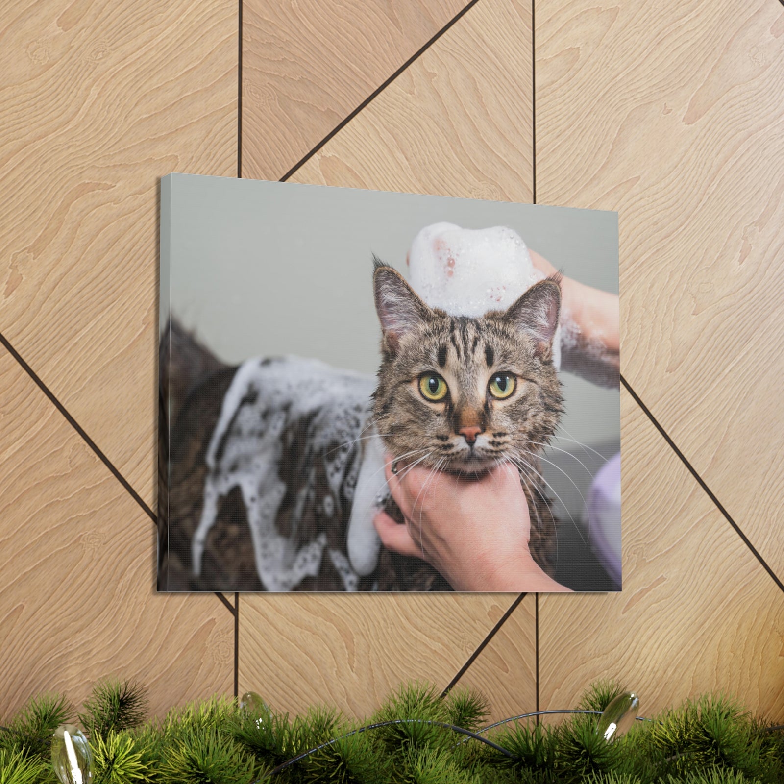 Cute Tabby Gray Cat Bathee Canvas Wall Art for Home Decor Ready-to-Hang-Express Your Love Gifts