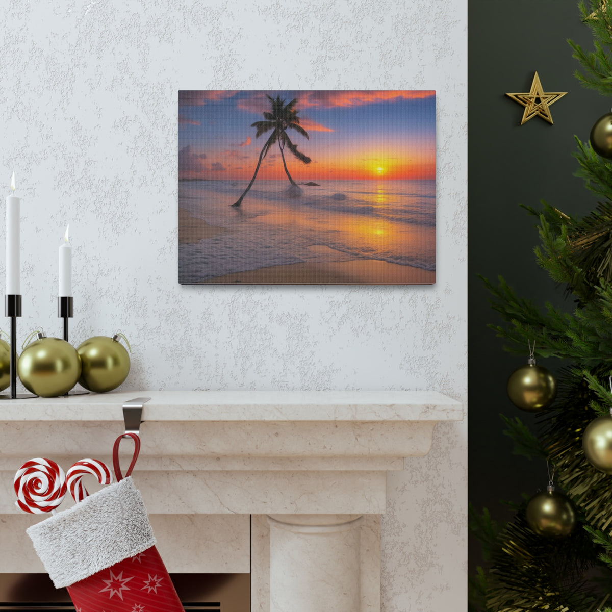 Sunset Beach With Palm Trees Ocean Canvas Wall Art for Home Decor Ready-to-Hang-Express Your Love Gifts