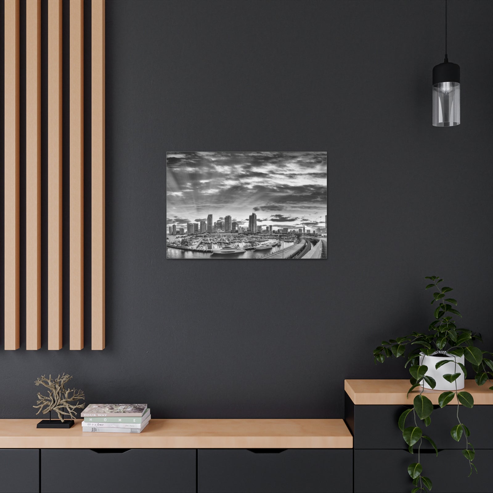 Miami Black And White Skyline Canvas Artwork High-Quality Breathtaking Stunning Cityscape for Home Decor Ready to Hang-Express Your Love Gifts