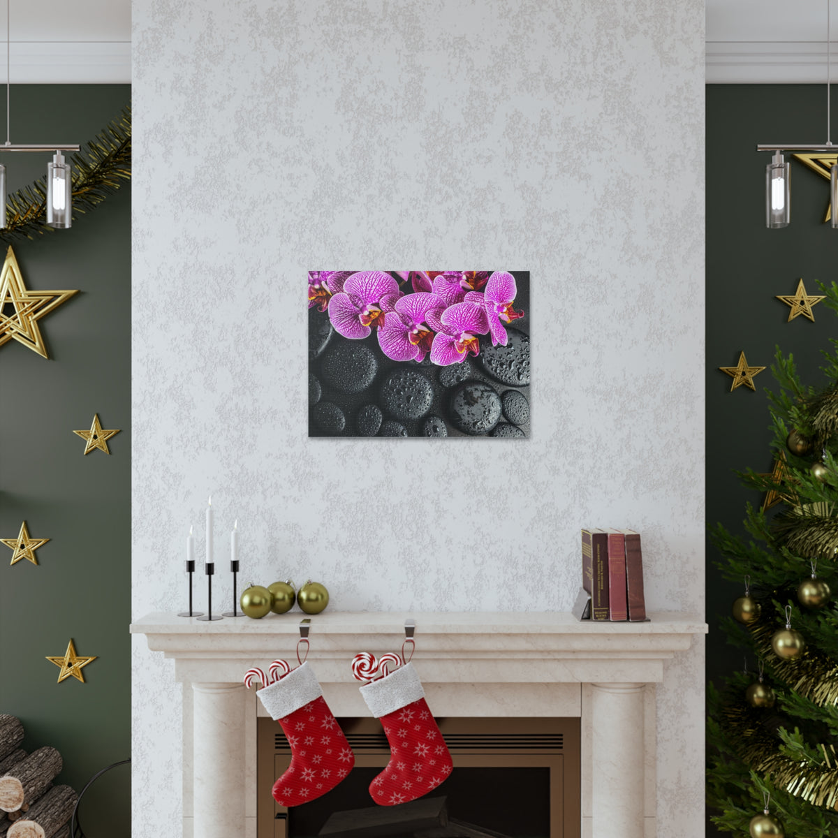 Violet Orchid on Stones Forest Floral Nature Photography Canvas Wall Art for Home Decor Ready-to-Hang-Express Your Love Gifts