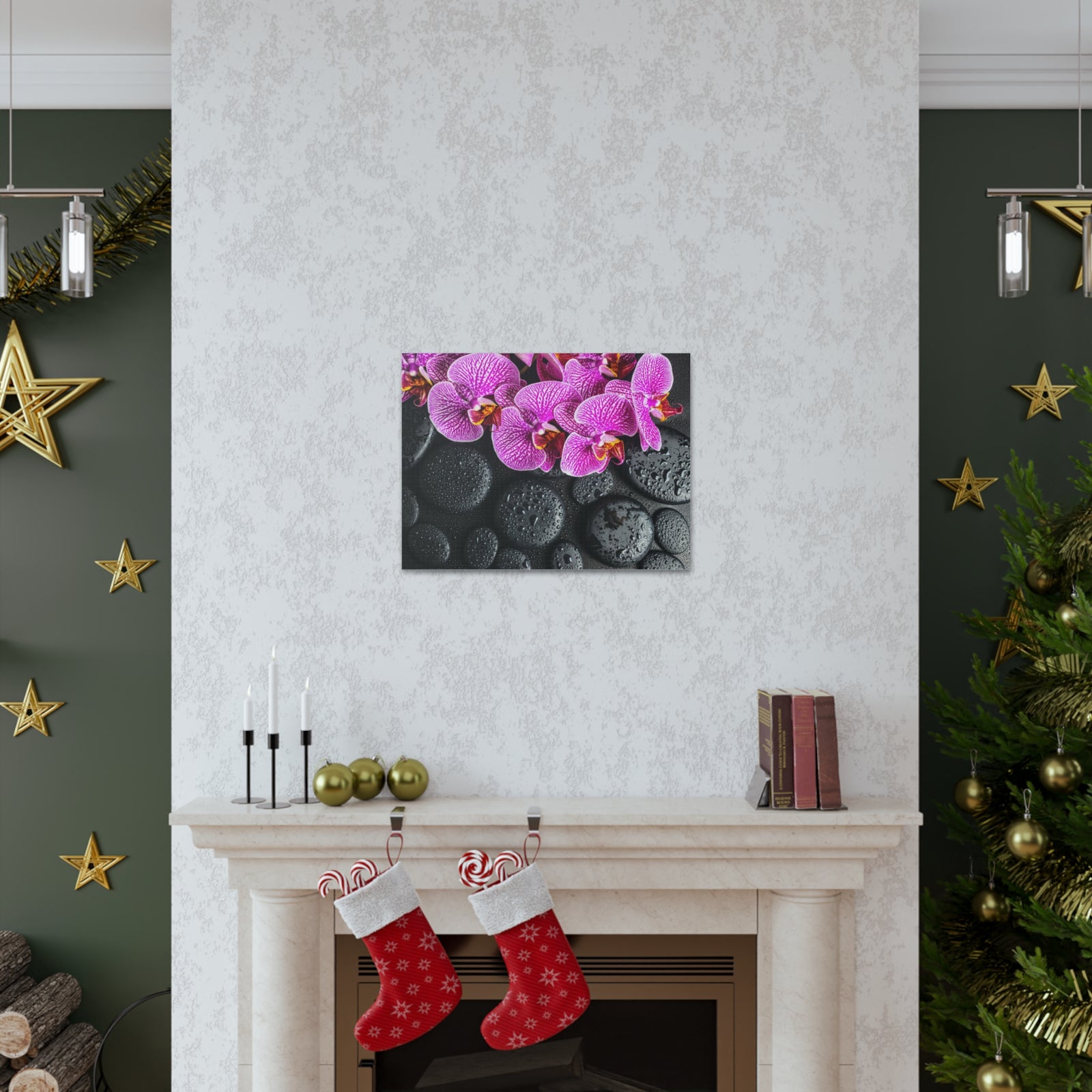 Violet Orchid on Stones Forest Floral Nature Photography Canvas Wall Art for Home Decor Ready-to-Hang-Express Your Love Gifts