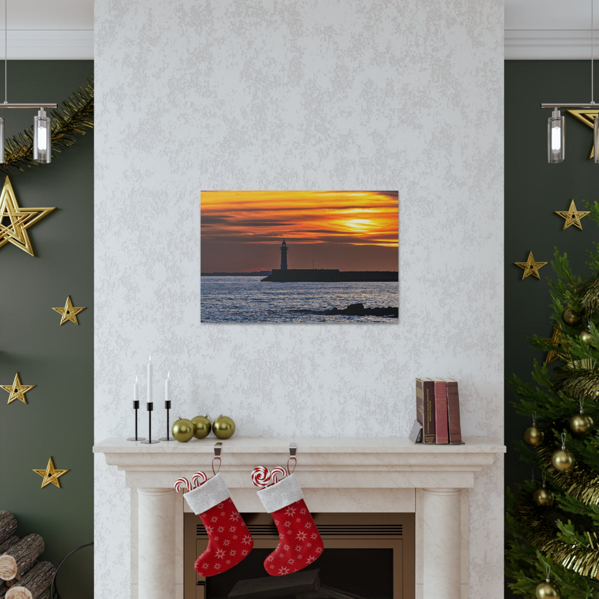 Sunset with Lighthouse Forest Floral Nature Photography Canvas Wall Art for Home Decor Ready-to-Hang-Express Your Love Gifts