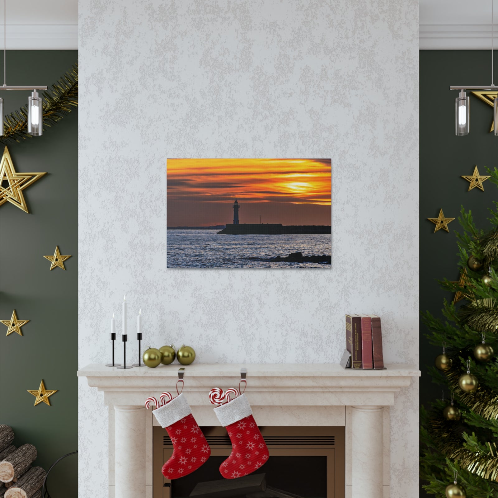 Sunset with Lighthouse Forest Floral Nature Photography Canvas Wall Art for Home Decor Ready-to-Hang-Express Your Love Gifts