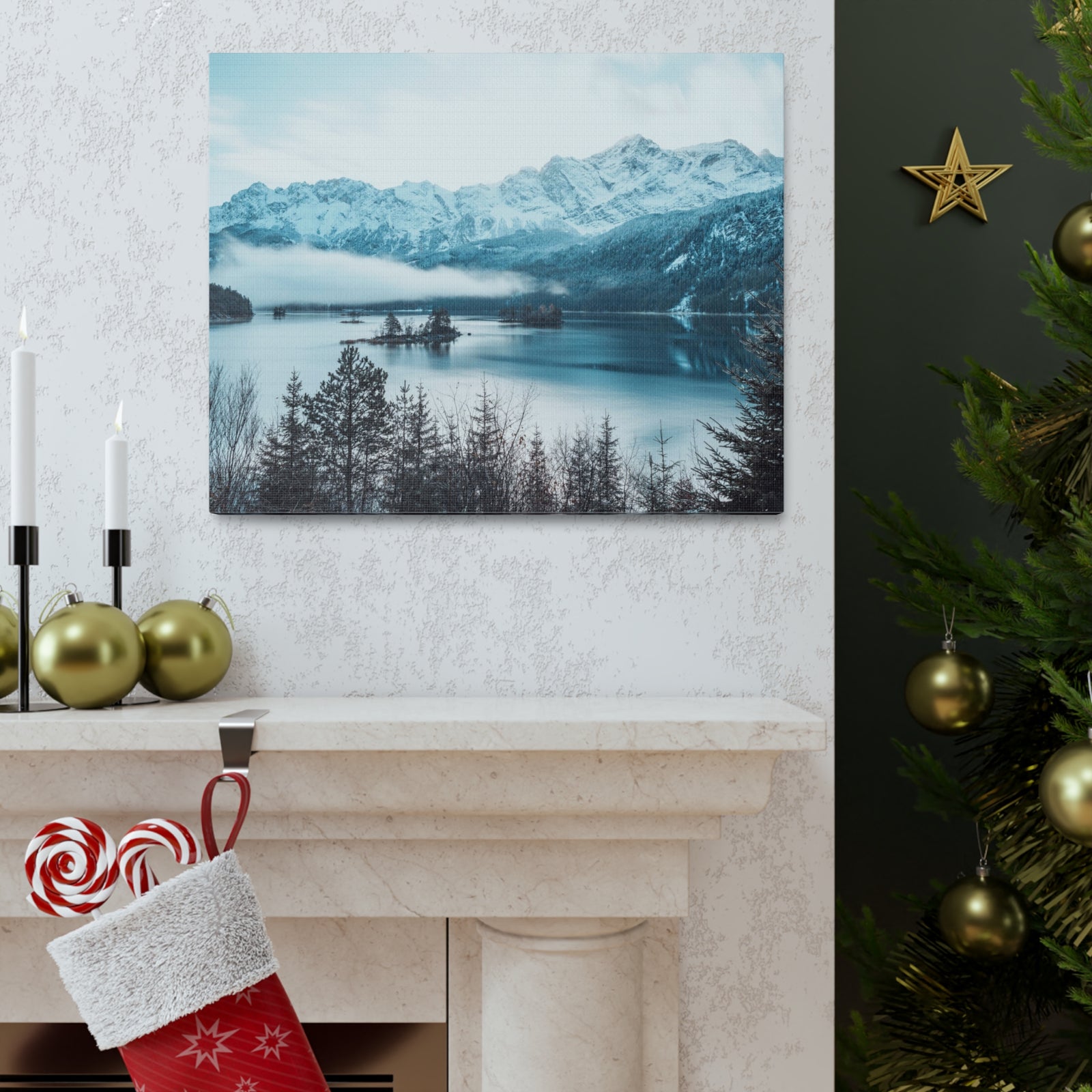 Winter Mountain Lake Pine Tree Lake Nature Wilderness Photography Canvas Wall Art for Home Decor Ready-to-Hang-Express Your Love Gifts