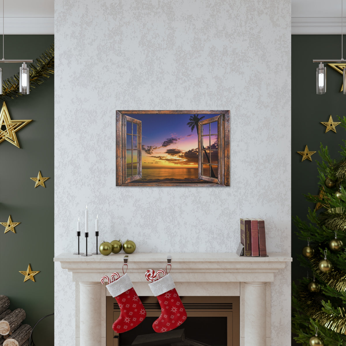Canvas Print Wall Art Window Sunset Sea Nature Photography Realism Scenic Landscape Colorful Multicolor for Home Decor Ready to Hang-Express Your Love Gifts