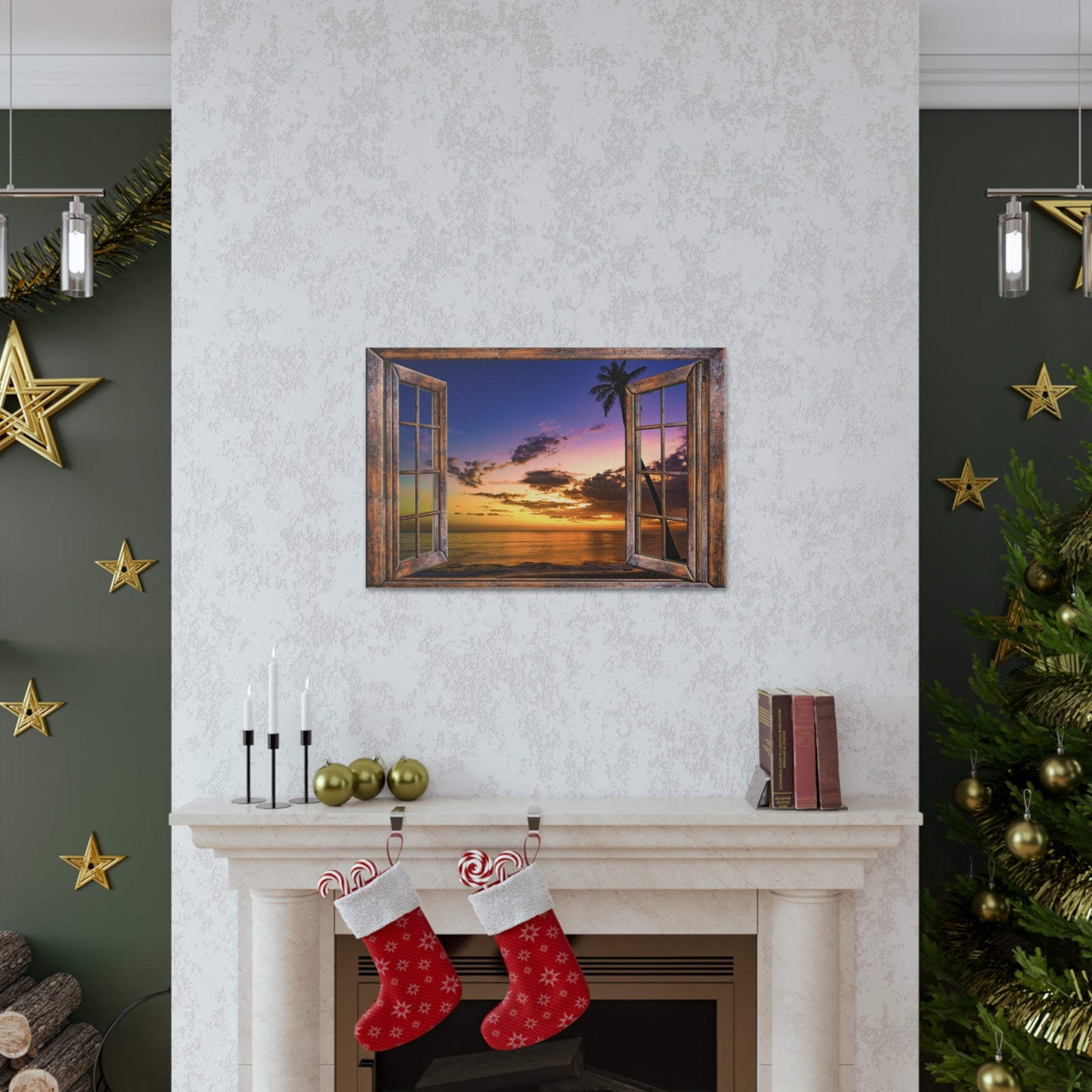 Canvas Print Wall Art Window Sunset Sea Nature Photography Realism Scenic Landscape Colorful Multicolor for Home Decor Ready to Hang-Express Your Love Gifts