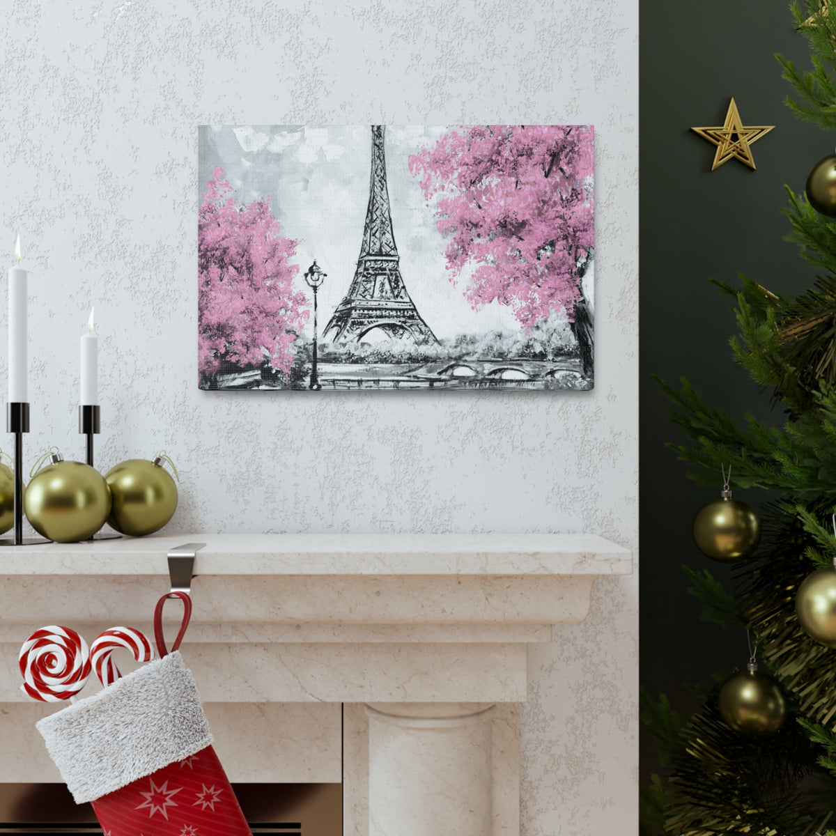 Eiffel Tower Pink Tree France Canvas Artwork High-Quality Breathtaking French City for Home Decor Ready to Hang-Express Your Love Gifts